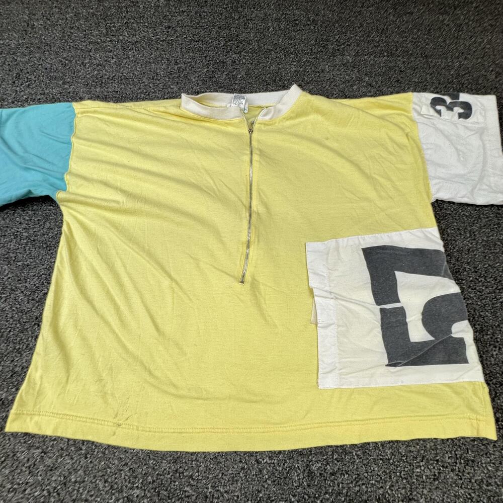 Vtg Tanjiers Mens M Yellow Colorblock 1/2 Zip Mock Neck Pockets Polyester Cotton